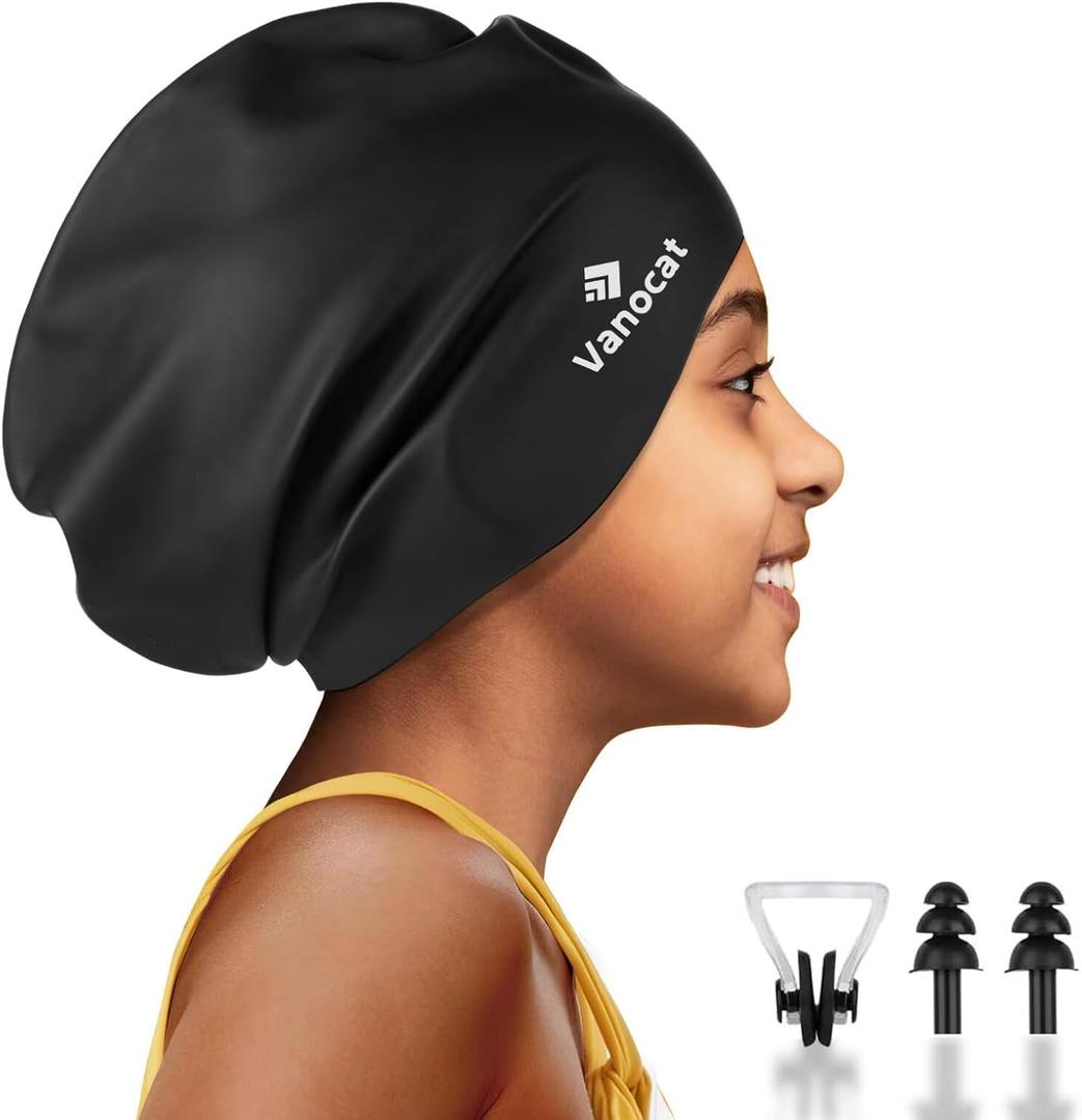 Kids Extra Large Swim Cap for Long Hair, Waterproof Silicone Swimming Caps for Boys Girls Children Youth Teen, Large Swim Hat for Long Thick Curly Hair & Dreadlocks Braids Weaves Afro Hair (Black)