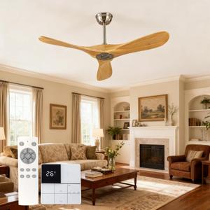 42 Inch Solid Wood Ceiling Fan No Light, 6-Speed Reversible DC Motor, Remote Control & Wall Control, Quiet Indoor/Outdoor Fan for Living Room Bedroom Patio, Brushed Nickel & Natural Wood