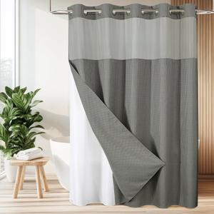 Colorful Star Extra Long Waffle Weave Shower Curtains, 256GSM Heavy Duty Shower Curtain with Snap in Fabric Liner, Hotel Style No Hook Waterproof Bathroom Curtain Set, 72 x 87 Inch, Grey