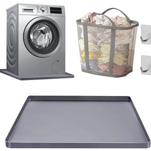 27x27inch Washer Drain Pan With Foldable Dirty Clothes Basket and Hook, Multi-function Non Slip Washer Drip Tray, With Raised Edge Washing Machine Silicone Mat, Soft Foldable Waterproof Pad, Grey