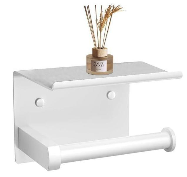 Premium Toilet Paper Holder with Phone Shelf, Wall Mounted, for Bathroom, Living Room, Restroom, RV, and so on, Stainless Steel-Rustproof,Tissue Roll Holder with Storage Shelf-White(YaoJooHome)
