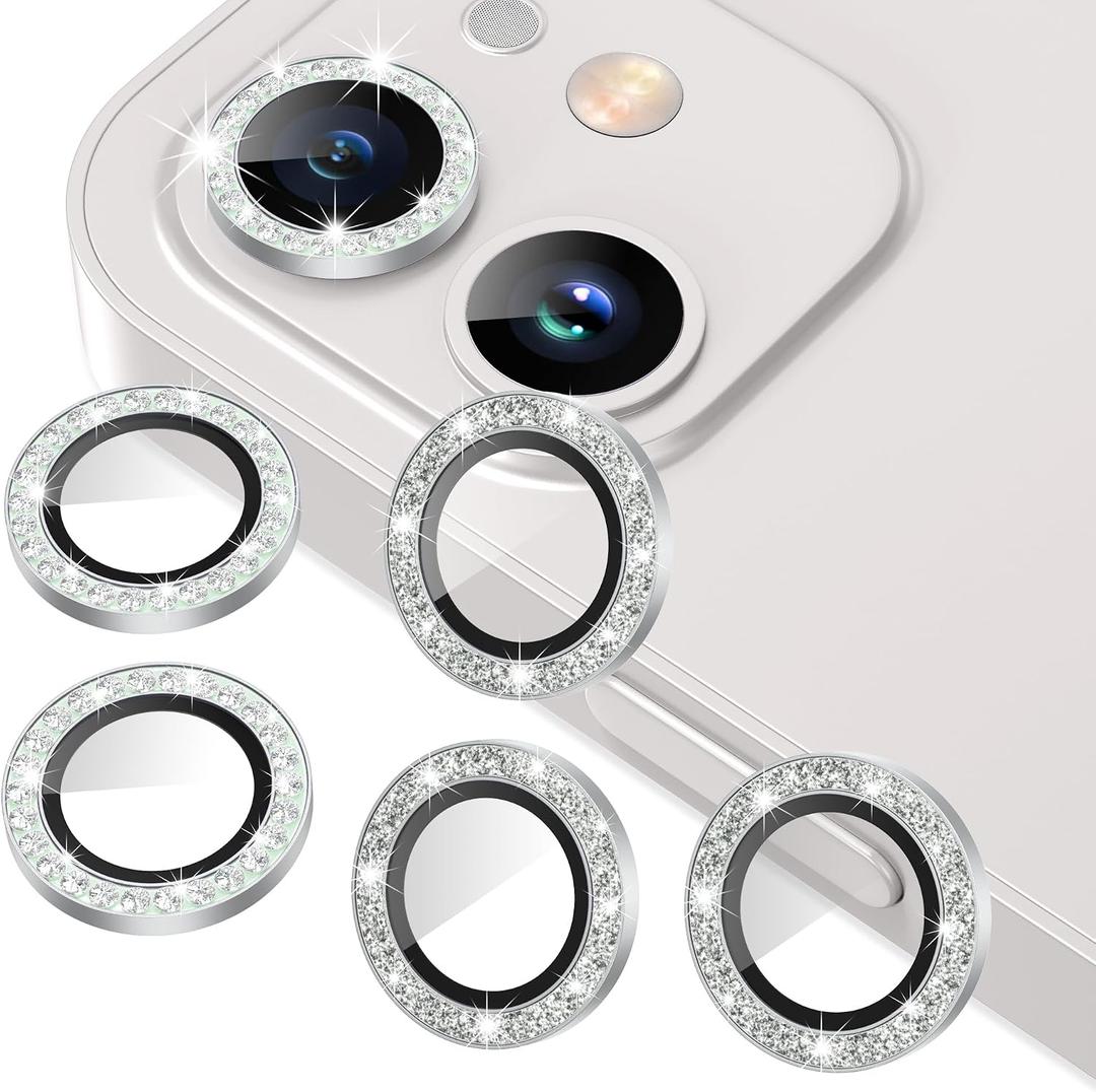 AGVEE 3+3 6 Pack for iphone 12 Pro/12/12 Mini/11 Pro Max/11 Pro/11 Camera Lens Protector, Bling Diamond & Bling Glitter Metal Ring 9H Tempered HD Glass Camera Cover, Bling-Silver