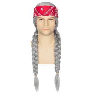 Miss U Hair Men Long Silvery Grey Braided Wig with Red Headband Hippie Costume Wig