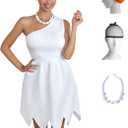 Laqeyko Couple Halloween Costumes Set for Adults Cosplay Caveman,Womens Dress,Mens Tunic,Wig,Necklace,Inflatable Stick,Tie (Large, White)