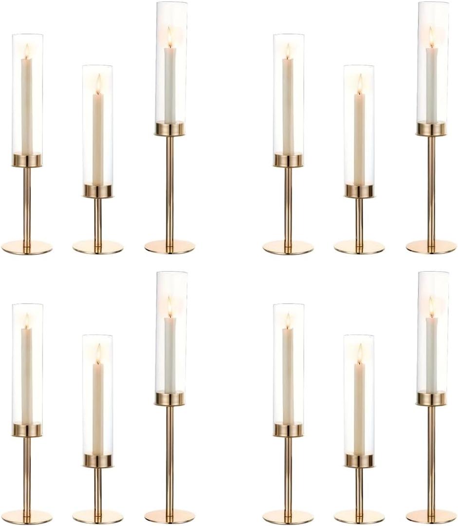 Gold Hurricane Candle Holders Set of 12, Tall Metal Windproof Glass Taper Candle Holder for Candelabra Centerpieces for Dining Table, Wedding, Party & Fireplace Mantel Decor