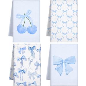Macarrie 4 Pcs Bow Coquette Kitchen Towels Trendy Cute Hand Towels Coquette Bow Gifts Preppy Microfiber Kitchen Supplies for Hostess Housewarming, 18 x 26 in (Blue)