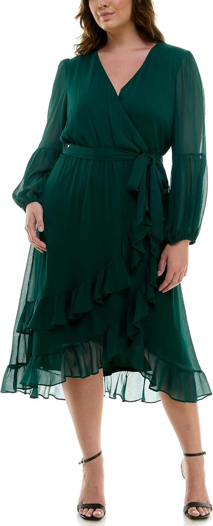 Maison Tara Women's Long Sleeve V-Neck Chiffon Faux Wrap Ruffle Hem Midi Dress (Green, XL)-  Size: 14 Plus
