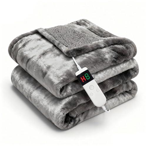 Cushious Electric Heated Blanket Throw 50''x60''Size Faux Fur Heating Blanket 10 Heating Settings, 1-8h Timer & Overheat Protection, Machine Washable, Soft Flannel and Sherpa Full Body Warmth