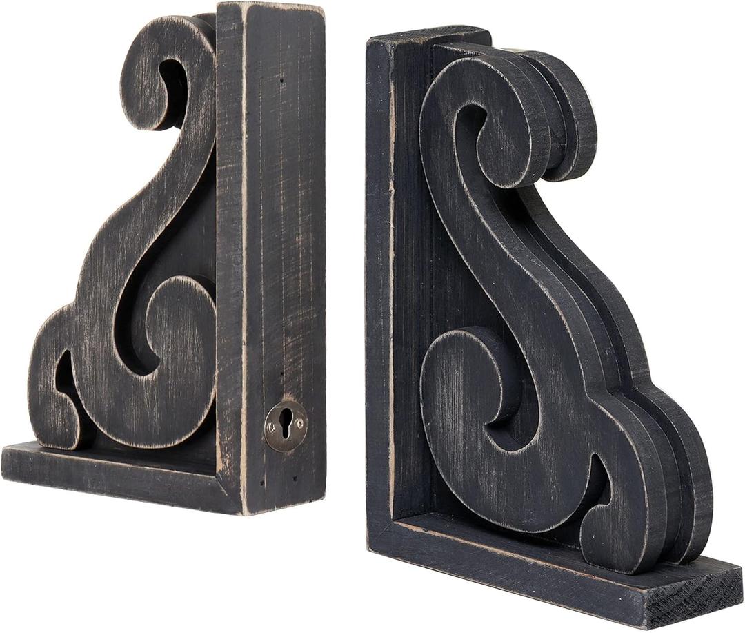 GENMOUS Rustic Distressed Vintage Scroll Corbel Bookends,Farmhouse Black Wood Decorative Bookends,Rustic Corbels Shelf Brackets,Shabby Chic Vintage Book Ends,Home Decoration and Gift,Set of 2.