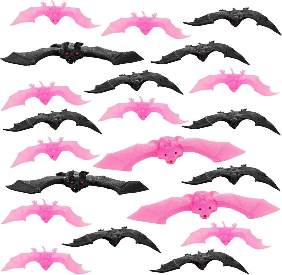Liliful 50 Pcs 2 Size Halloween Hanging Bats Decorations Creepy Flying Rubber Bats Decor Realistic Figurine for Halloween Indoor Outdoor Party Supplies Prank Toy Haunted Decoration (Pink Black)