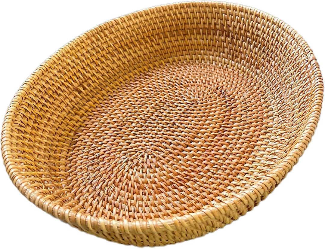 16Inch Tabletop Oval Rattan Fruit Serving Tray with 4" High Wall, Natural Brown Trapezoid Wicker Tray for Countertop,Woven Vanity Bowl Key Holder for Home Decor