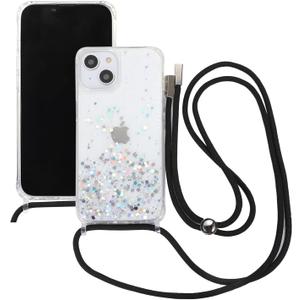 for iPhone 13 Strap Case with Crossbody Lanyard, Clear Glitter Shiny Bling Sparkle Shockproof Cover with Soft TPU Bumper, Adjustable Shoulder Neck String for Girls Women - Crystal Clear