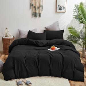KAREVER Black Comforter Twin Solid Dark Color Bedding Set 3 Pieces Soft Black Blanket Set 1 Black Twin Comforter (68x90 inches) with 2 Pillowcases(20x26 inches)