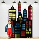 Tegeme Large Hero City Skyline Backdrop New York City Skyline Skyscraper Party Decoration NYC Buildings Background Cutouts Hero Backdrop for Birthday Party Photo Prop(Multicolor,4.3 x 6.6 ft,Classic)