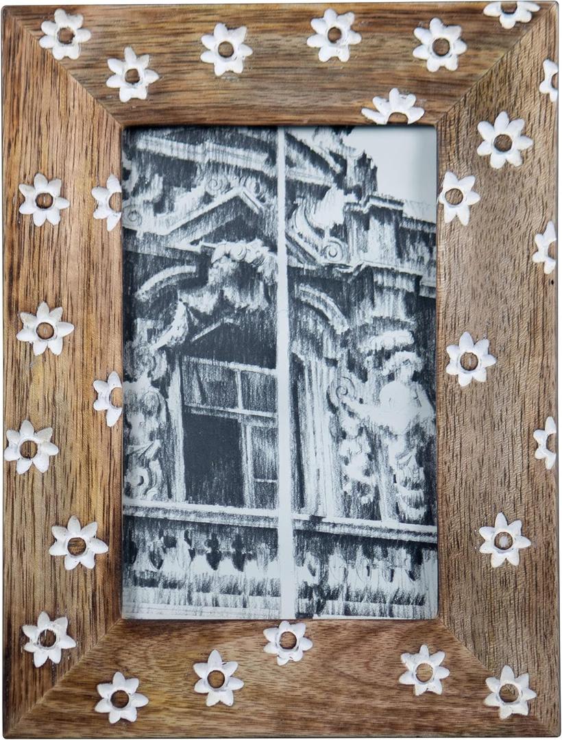 Foreside Home & Garden White Flower Pattern 4x6 Inch Wood Decorative Picture Frame FFRD09976, Natural