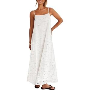 MEROKEETY Women's Summer Spaghetti Straps Sundress 2026 Casual Sleeveless Floral Lace Eyelet Boho Beach Maxi Dress, White, Size L