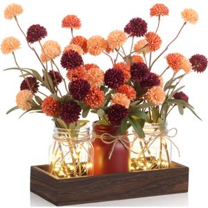 3 Pcs Fall Thanksgiving Mason Jar Centerpiece Table Decorations Thanksgiving Faux Kiku Flowers with Wood Tray and LED Light for Dining Room Kitchen Living Bathroom Table Decor