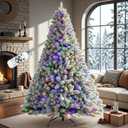 7.5 FT Pre-lit Snow Flocked Christmas Tree Spruce with Remote Control, 450 Warm White Multi-Color Changing LED Lights, Artificial Hinged/Feel Real/Realistic for Home, Dual Color LED