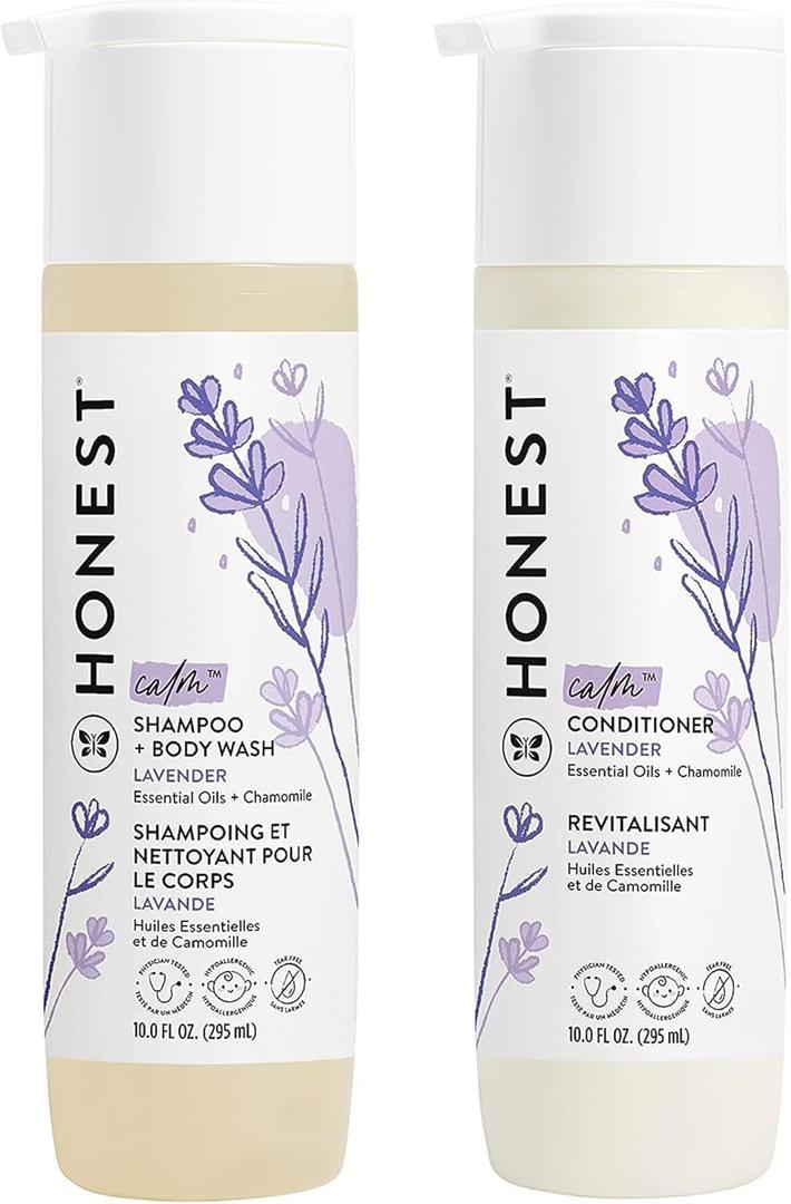 The Honest Company Silicone-Free Conditioner & 2-in-1 Cleansing Shampoo Body Wash Duo Gentle for Baby, Naturally Derived, Lavender Calm, 20 fl oz