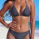 Women's Polka Dot Triangle Cheeky Bikini Sets, 2 Piece Swimsuit, Halter Bathing Suits, Mid Rise Swimwear (Black, S)