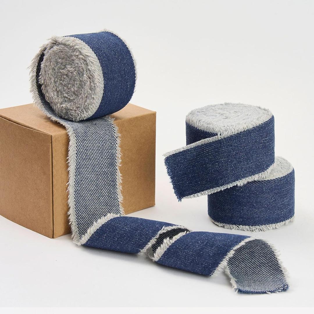 Pretty Jolly Blue Denim Ribbon for Crafts Handmade Rustic Frayed Cotton Jean Fabric Ribbon for Flower Bouquet 15 Yards 1 1/2 Inch Cloth Ribbons for Gift Wrapping Hair Sewing Accessories Holiday Decor