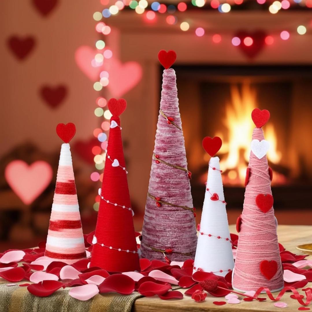 Realspring 5 Pcs Valentine's Day Heart Cone Tree Table Centerpiece Decoration Red Pink White Tabletop Ornaments for Mantel Fireplace Home Farmhouse Kitchen Party Crafts, 3 Sizes,  Red Pink, String