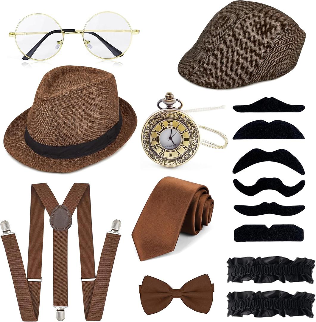 GIFIKOI 1920s Mens Costume Accessories Outfit Fedora Hat Vintage Roaring 20s Costumes Gangster Accessories for Gatsby Party (Brown)