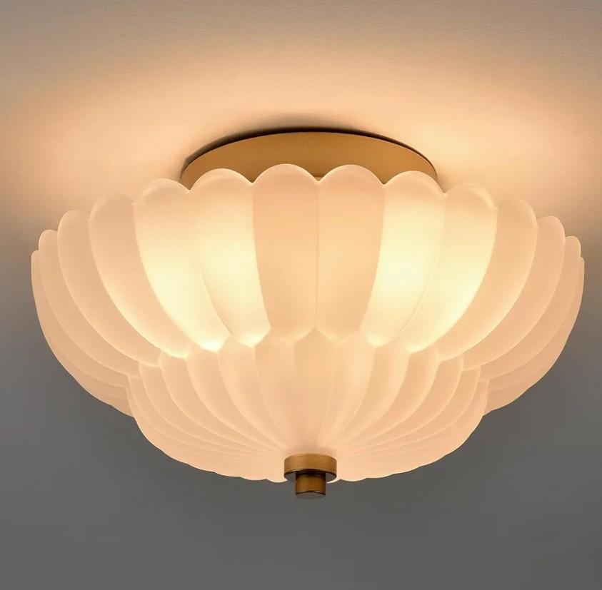 HYDELITE Gold Flush Mount Ceiling Light Fixture Modern Semi Flush Mount Ceiling Light Vinatge Close to Ceiling for Bathroom Bedroom Entryway Kitchen Scalloped Frosted Milk Glass