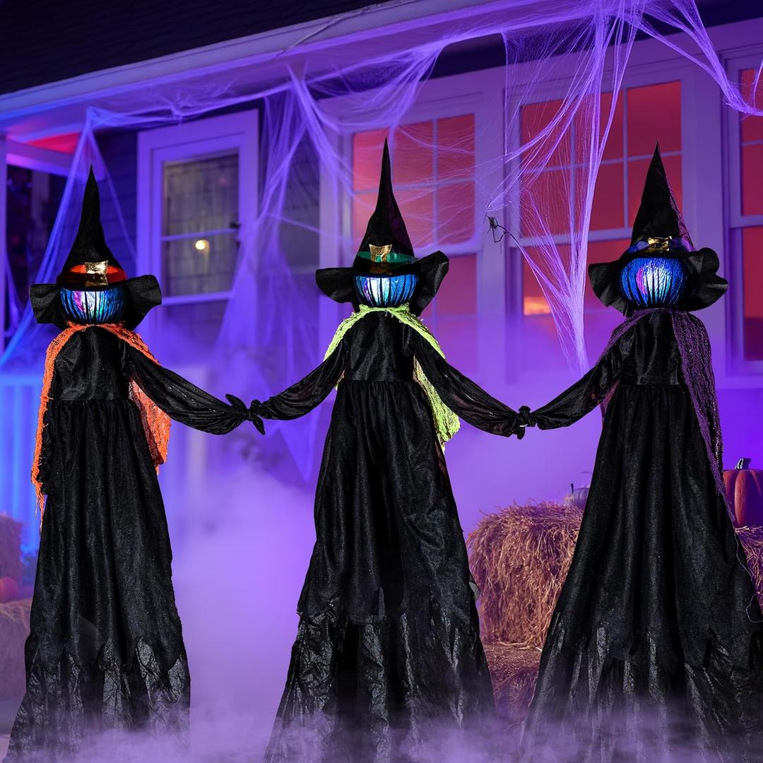 JOYIN 3 Pack 48" Halloween Witch Decorations Outdoor, Halloween 3 Witches Yard Stakes with Multicolored Light-up Heads for Yard Lawn Props, Indoor Party Decorations