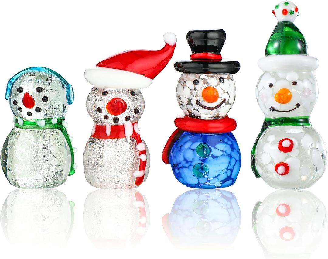 HDCRYSTALGIFTS 4PCS Blown Glass Snowman Decor Christmas Figurine Collectible Art Glass Holiday Cheers Collection Statue Festival Decoration Xmas Gifts