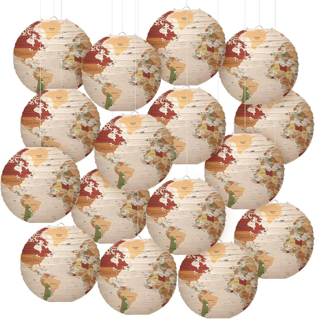 Bencailor 16 Pcs 12" Globe Decor Hanging Paper Lanterns, Earth Day Decorations, Around The World Travel Theme World Map Classroom Cultural Party Decor(Brown)