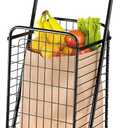 Whitmor Foldable Utility Shopping Cart with Wheels, Heavy Duty Metal Grocery Cart, Portable Foam Handle, Rolling Collapsible Trolley for Groceries, Laundry, Storage, Black
