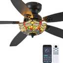 Tiffany Ceiling Fans with Lights - 52" Ceiling Fan Chandelier with 5 Dual-Blades and Glass Shade, 6 Speeds and Reversible, Indoor and Outdoor, Retro Style