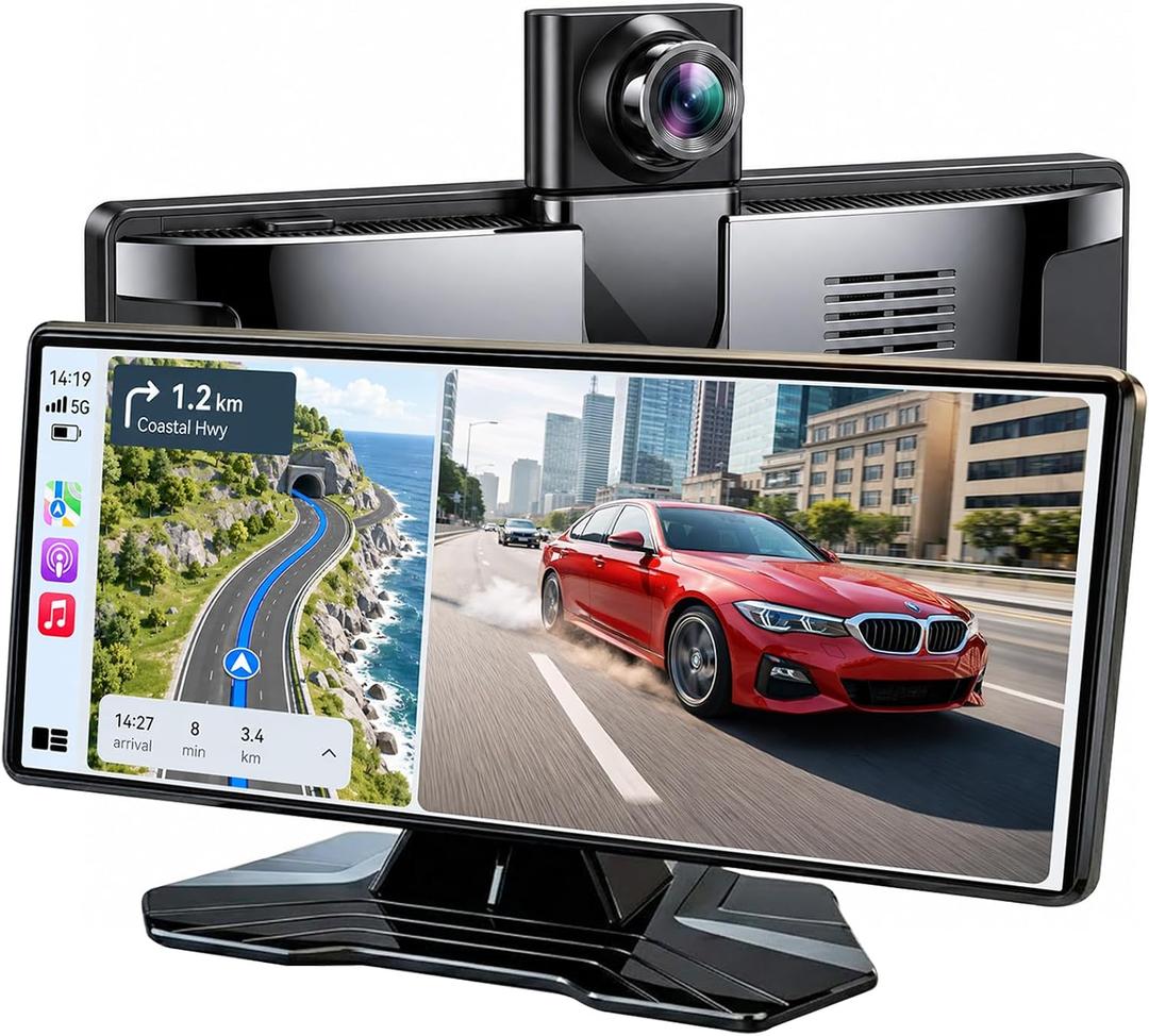 10.26" Wireless CarPlay Screen for Car, Apple CarPlay & Android Auto Screen, Portable Car Stereo with 4K Front Dash Cam & 1080P Backup Camera, Bluetooth, Voice Control, GPS Navigation, Mirror Link