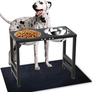 Metal Elevated Dog Bowls for Large   Dogs Raised Dog Bowl Stand with Sprill Proof Mat and  Dog Bowls, 17" Tall Food & Water Feeder for Extra Large Breed (Height-17inch, Black-XXL Cute Dog Mat)
