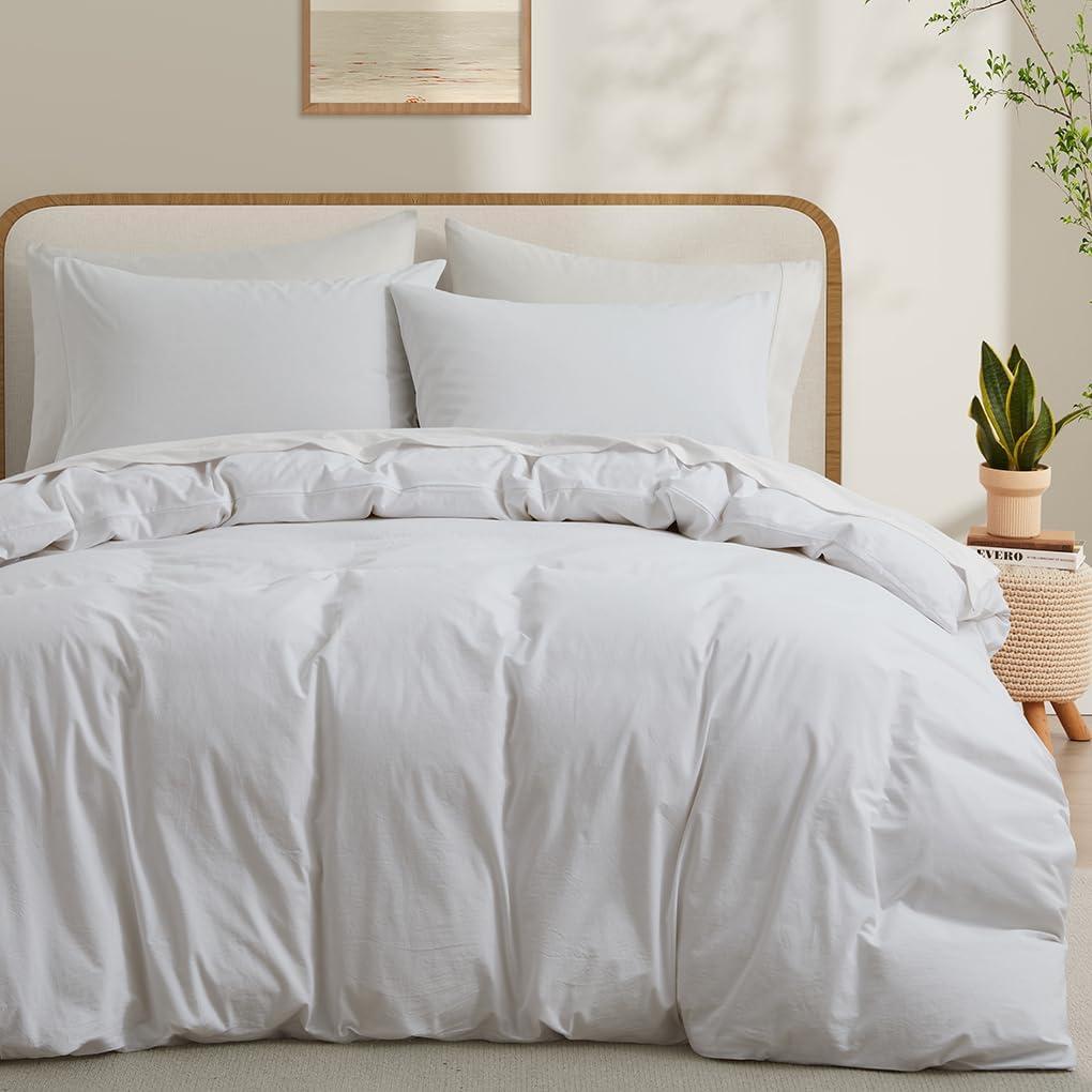 White Duvet Cover Full Size, 100% Washed Cotton Linen Like Bedding Set with Zipper Closure (No Comforter), 80x90 Inches