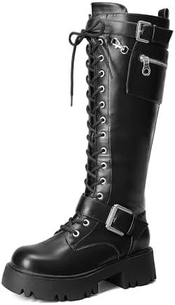 DREAM PAIRS Women's Combat Riding Platform Knee High Boots, Lace Up Fall Lug Sole Gothic Motorcycle Boots with Inside Zipper, Size 8.5