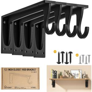 Closet Rod Support Bracket 12inch WYGWP Heavy Duty Closet Rod Holders 400lbs, Wall Mounted Brackets with Hooks for Closets for Home and Decor