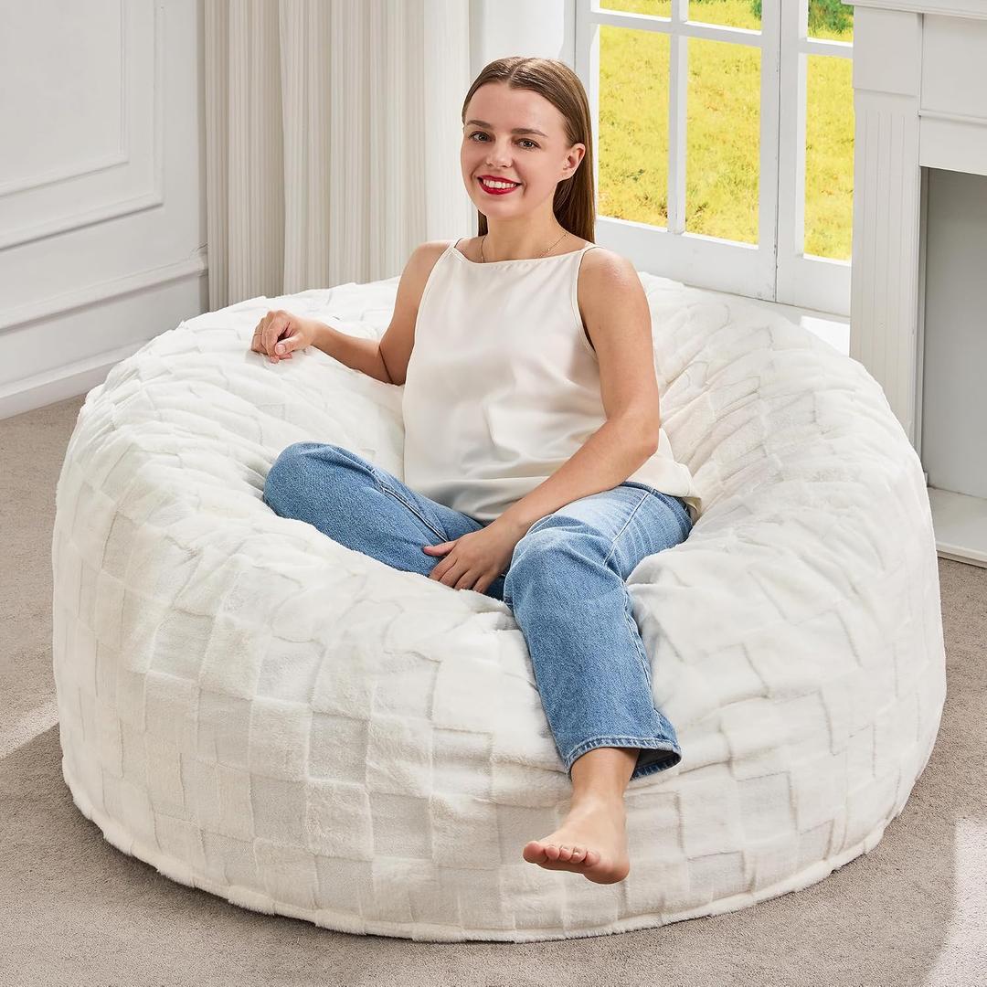 Hobestluk Bean Bag Chairs Beanbag Chair with Filler Adult Bean Bags with Fluffy Plaid Cover, Giant Bean Bag Chairs for Adults for Living Room, Bedroom (White, 3FT - 36 x 36 x 22)