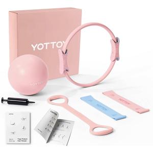 YOTTOY Pilates Ring and Ball Set, Figure 8 Resistance Bands, Stretch Bands & Guide, Pilates Equipment Set for Beginners for Home Workouts Core Strength, Yoga, Physical Therapy & Rehab, Pink 15in