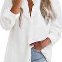 Astylish Women 2026 Loose Fit Tops Cotton Linen Button Down Shirts Collared Roll Up Long Sleeve V Neck Blouses (White, M)