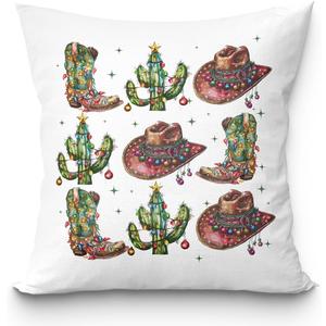 Western Christmas Pillow Covers 18x18, Western Christmas Decorations, Cowboy Boots Hat Cactus Decorative Pillow Covers, Christmas Decorations for Living Room Bedroom Home Office,Pillowcover (Pillow-sd-03)