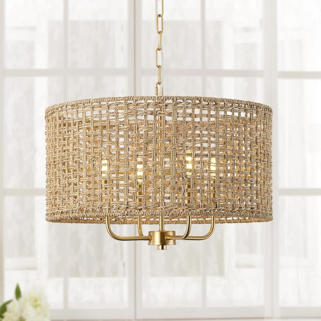 Rattan Drum Chandeliers for Dining Room, 4-Light Bohemian Hand-Woven Farmhouse Pendant Light Dining Room Light Fixture Chandelier for Entryway Living Room Kitchen Stairway Bedroom Hallway(Gold)