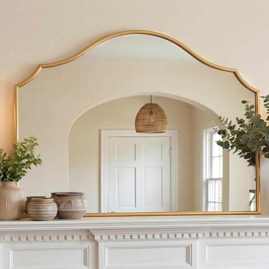 PERFNIQUE Gold Scalloped Mirror, 40"x29" Large Vintage Wall Mirror with Tempered Glass, Arched Antique Mirror for Mantel Fireplace Entryway Living Room Decor