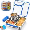 Stainless Steel Bento Box Kids Adult with 7oz Soup Thermo, Transparent Lid 3 Compartments Metal Bento Lunch Box with Insulated Food Jar,Lunch Box Container Sauce Cup for School,BPA-Free (Blue)