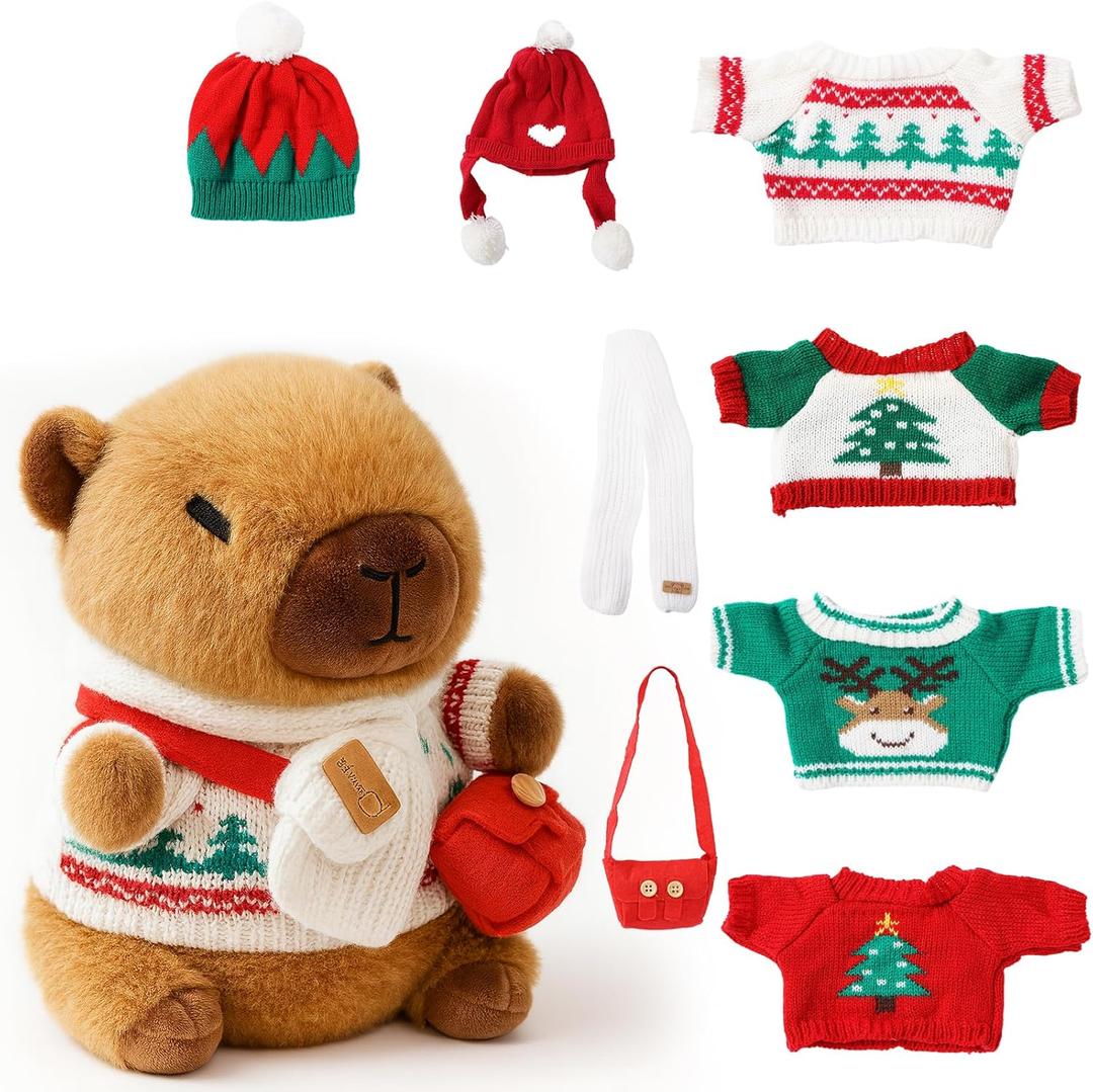 10.2" Red Capybara Plush Toy with 9 Clothes and Accessories Super Soft Capybara Stuffed Animal for Kids Girls Boys
