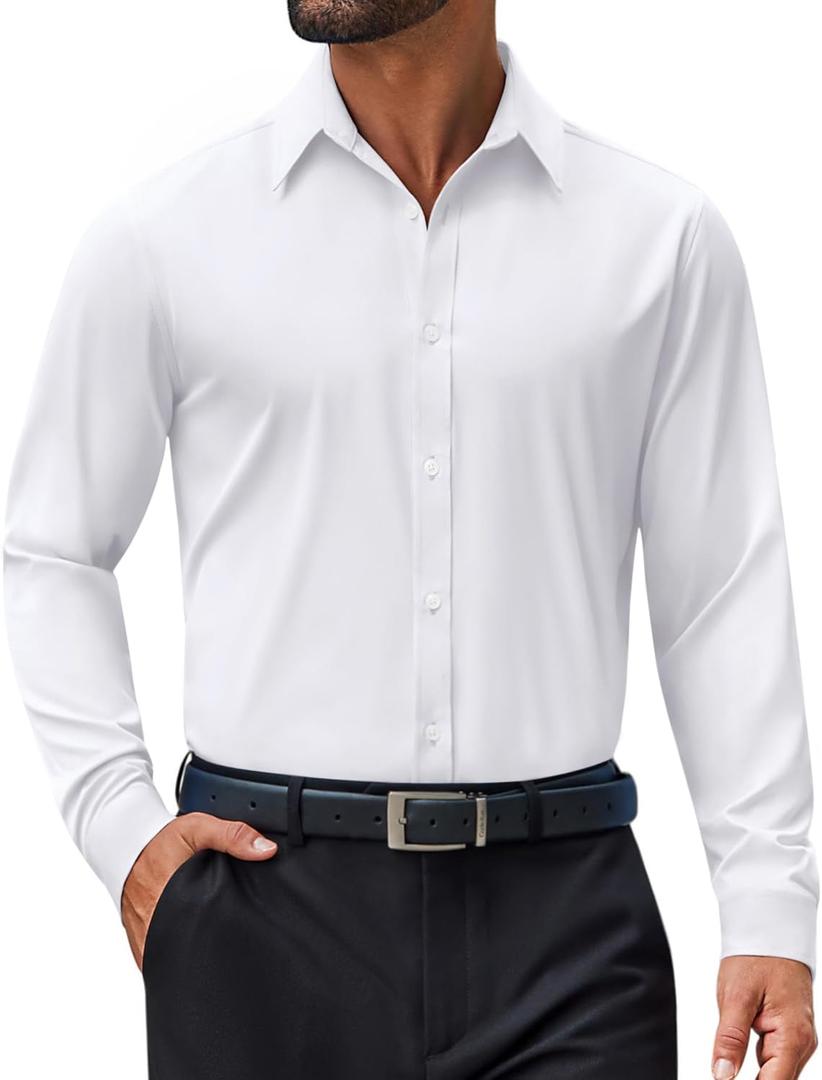 COOFANDY Mens Casual Button Down Shirts Long Sleeve Untucked Shirts for Men Stretch Dress Shirt (3X-Large, White)