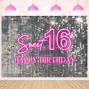 InMemory Shiny Pink Neon Sweet 16 Backdrop Silver Sequins Flash Shimmer Wall Girls Sixteen Party Decoration Banner Happy 16th Birthday Photography Background 6x4ft