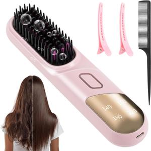 Go Brush Pro, 3-in-1 Cordless Negative Ion Hair Straightener & Curle & Comb for Thick Hair, 4 Temps Fast Heating MCH Ceramic Coating, Anti-scalding Comb Teeth, Smoothes Frizz (Pink)