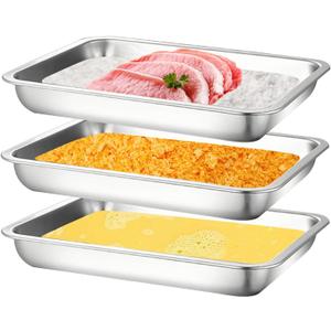 3Pcs Stainless Steel Breading Trays Set, Breading Dishes for Chicken Breasts, Marinating Meat and Prepping Meals (10.4" x 7.7" x 1.9")